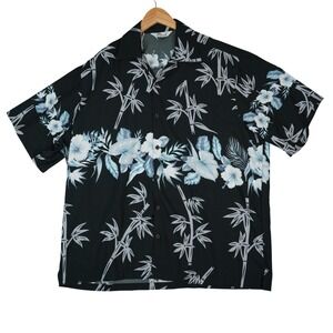 Alvish Hawaiian Shirt Mens 2XL Black Floral Bamboo Aloha Short Sleeve Button Up